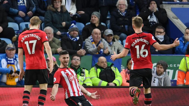Shane Long celebrates after scoring Southampton's second goal against Leicester