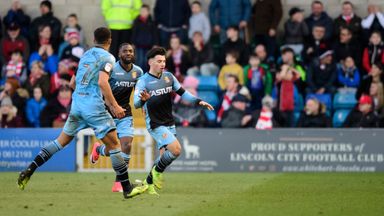 Image of Stevenage's Ilias Chair celebrates scoring his side's equalising goal at Lincoln                    