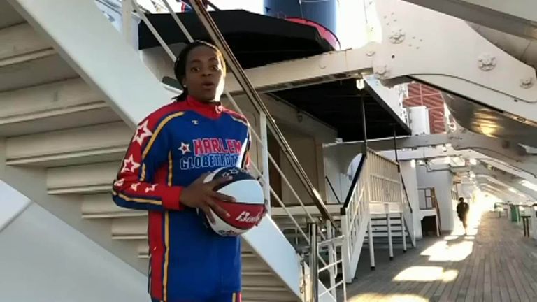 The Harlem Globetrotters nailed a series of long-range trick shots on board the Queen Mary, once the largest ship in the world