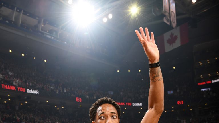 DeMar DeRozan salutes fans of his former team, the Toronto Raptors