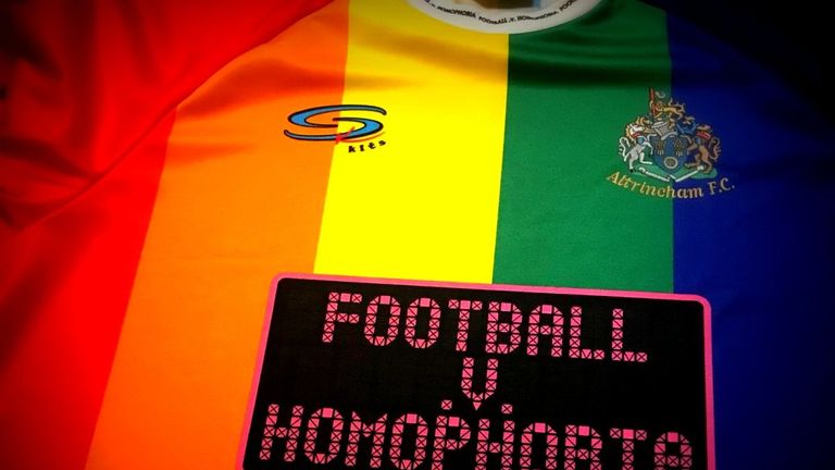 Altrincham players will wear the 'Football v Homophobia' rainbow kit in Saturday's National League North clash at home to Bradford Park Avenue