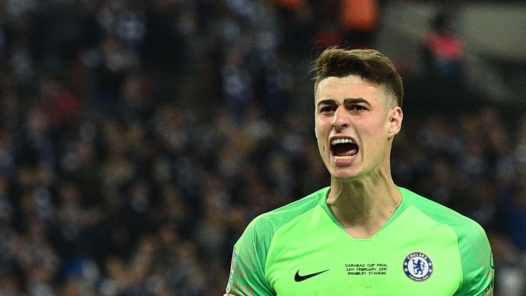 Kepa Arrizabalaga reacts after saving a penalty in the shootout