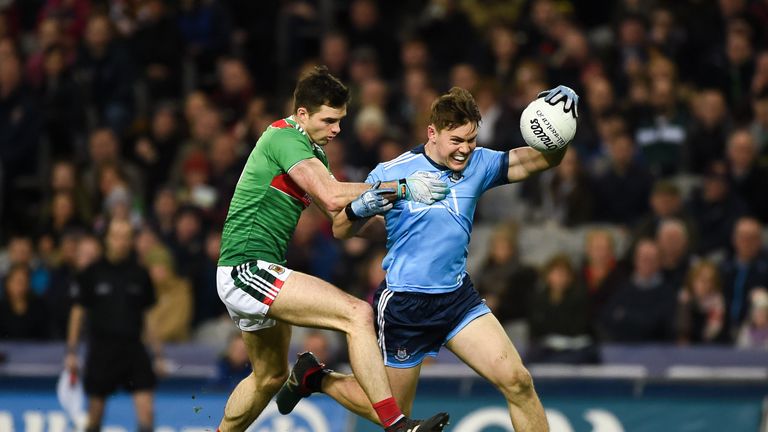 Con O'Callaghan of Dublin battles with Ger Cafferkey of Mayo