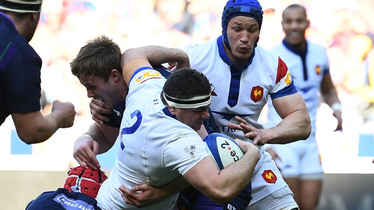 France's Gilhem Guirado attempts to force an opening in the Scotland defence