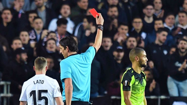 Celtic's Jeremy Toljan was sent off at the Mestella