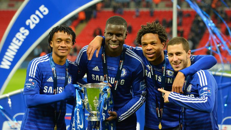 Juan Cuadrado, Kurt Zouma, Loic Remy and Eden Hazard celebrate winning the 2015 League Cup
