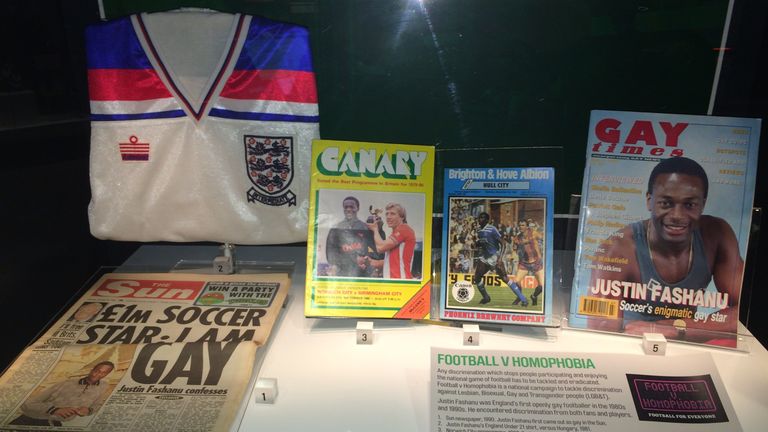 Memorabilia of Justin Fashanu, including The Sun newspaper from 22 October 1990, on permanent display at the National Football Museum (picture courtesy of Alan Quick)