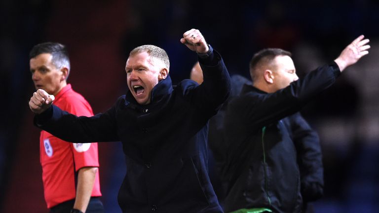 Paul Scholes celebrates the first goal of his Oldham reign, as Jose Baxter strikes against Yeovil