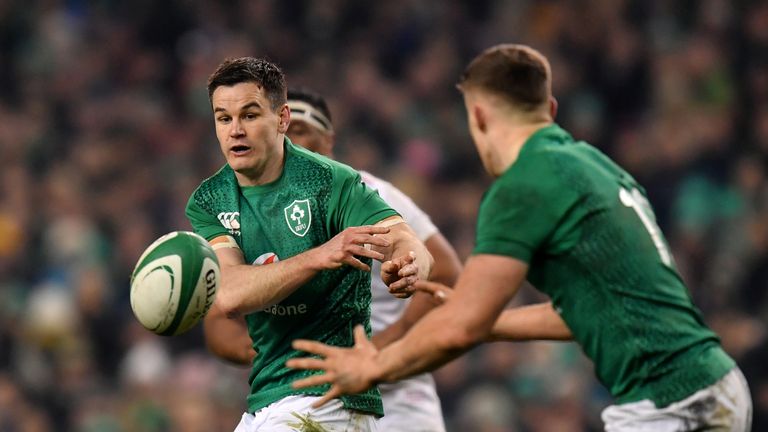 Ireland's Johnny Sexton distributes the ball during his side's 2019 Six Nations clash with England in Dublin