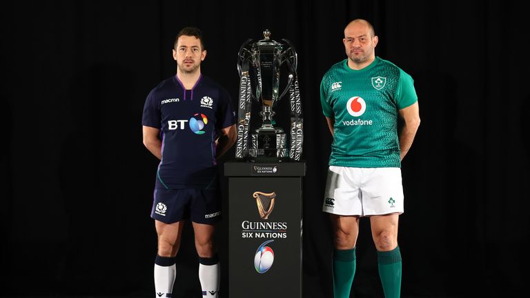 Scotland's Greig Laidlaw and Ireland's Rory Best pose with the Six Nations trophy 