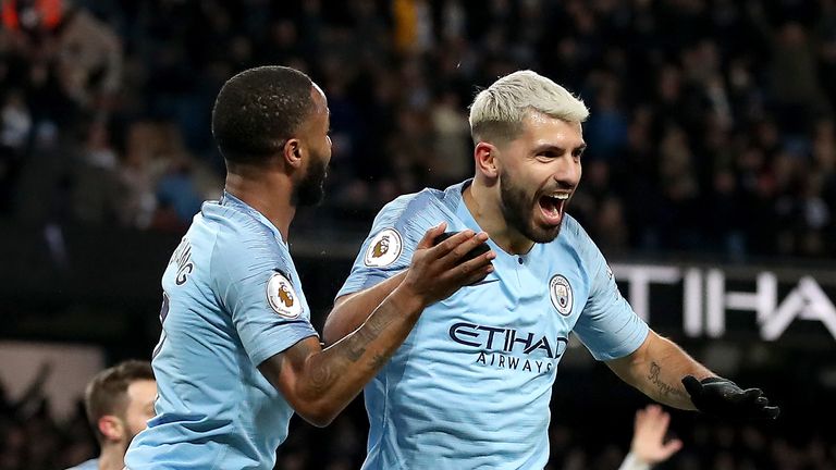 Sergio Aguero celebrates his hat-trick as City beat Arsenal 3-1