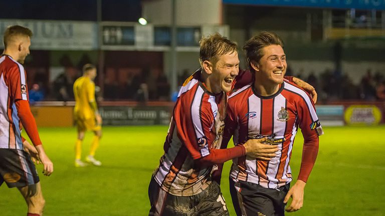 Shaun Densmore and Connor Hampson celebrate another Alty goal during their win over Telford United in December (image: Michael Ripley Photography)