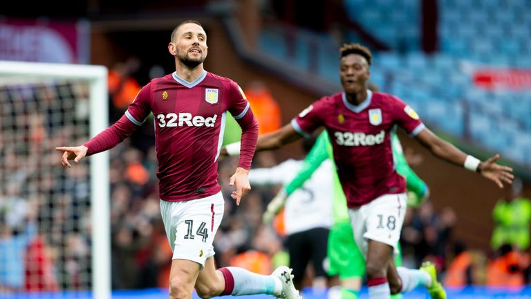 Conor Hourihane celebrates as Aston Villa take a 1-0 lead at home to Derby County