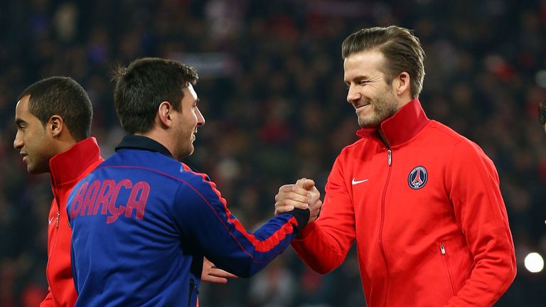 Beckham and Messi shake hands before the quarter-final match of the Champions League between PSG in Barcelona in 2013