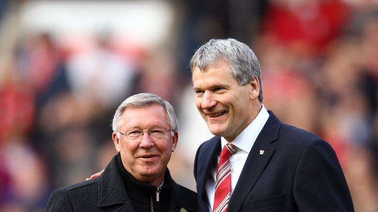 David Gill and Sir Alex Ferguson on the pitch at Old Trafford