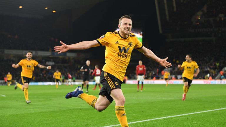 Diogo Jota celebrates Wolves' second goal against United