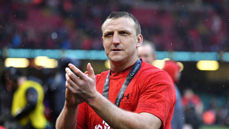 Hadleigh Parkes of Wales applauds fans after Wales completed the Grand Slam in Cardiff
