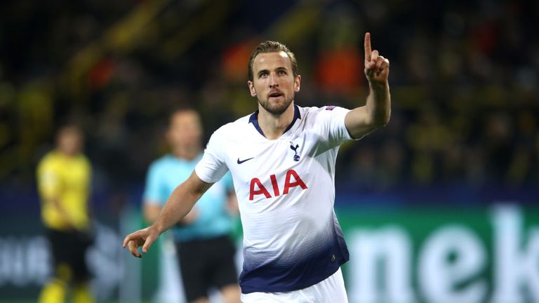 Harry Kane celebrates opening the scoring for Spurs at Dortmund