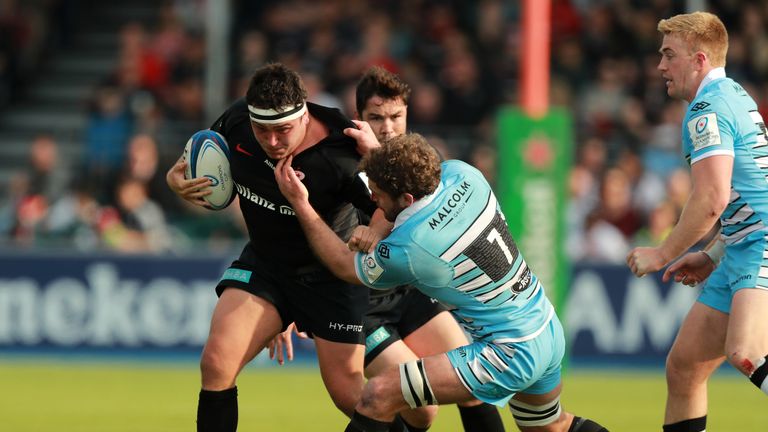 Jamie George on the charge for Saracens