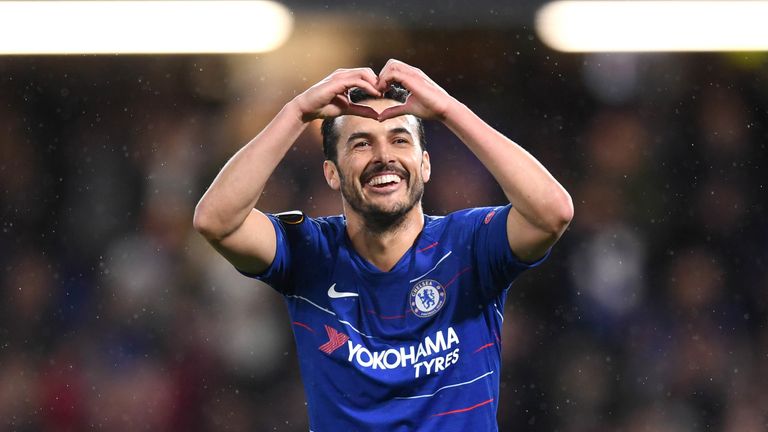 Pedro celebrates putting Chelsea ahead against Dynamo Kiev in Europa League last-16 tie