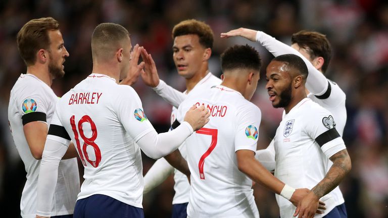 Raheem Sterling is congratulated after scoring his first hat-trick for England