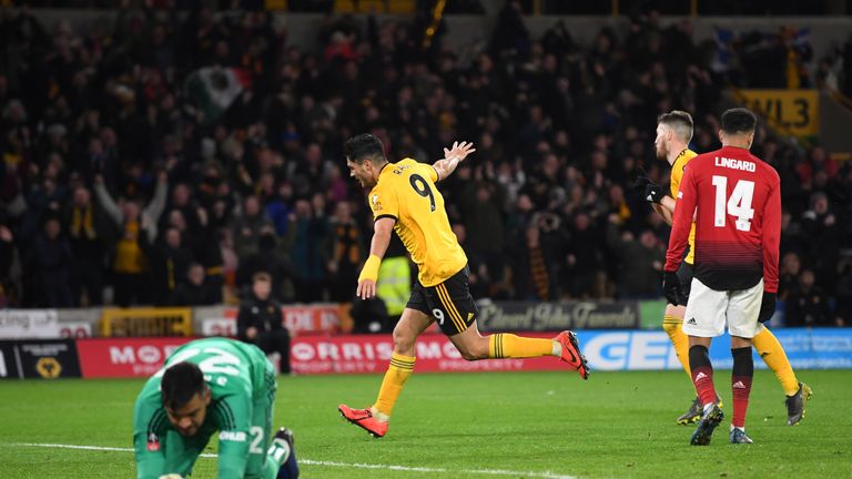 Raul Jimenez celebrates after giving Wolves the lead at Molineux