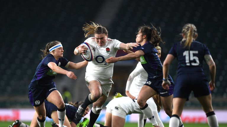 Sarah Bern takes on the Scotland defence in the final round of the Six Nations