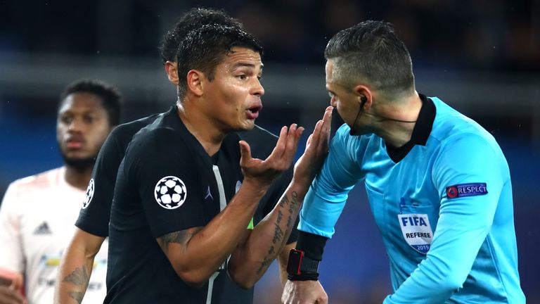 Thiago Silva remonstrates with the referee in PSG's defeat to Manchester United in the Champions League