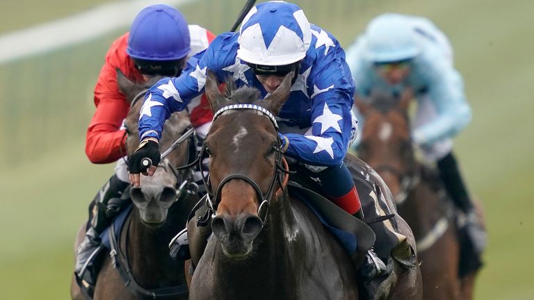 David Egan riding Qabala to win the Lanwades Stud Nell Gwyn Stakes at Newmarket