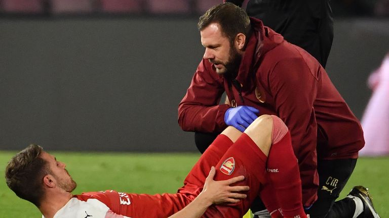 Aaron Ramsey received medical treatment on the pitch in Naples before leaving on a stretcher