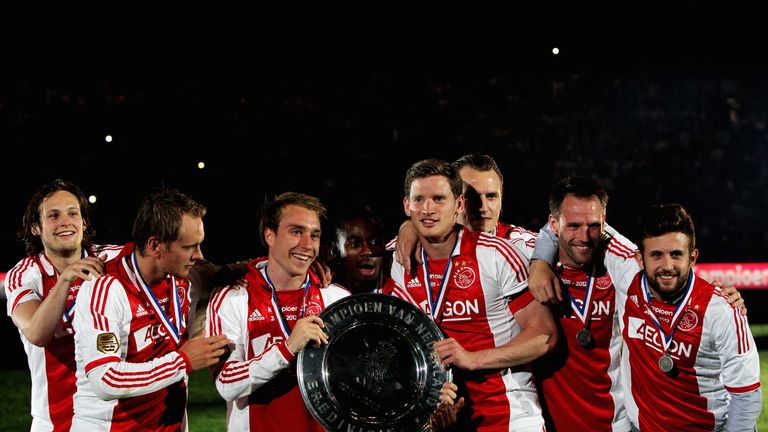 Enoh Eyong with Eriksen and Vertonghen celebrating the Eredivisie win in 2012