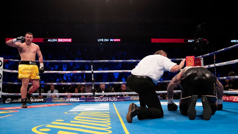 Lucas Browne is unable to make it to his feet after being caught by a left-hook