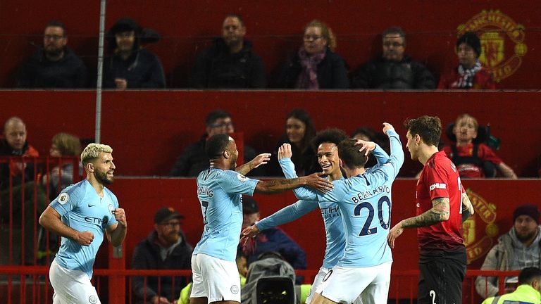 Leroy Sane celebrates after sealing victory over Manchester United