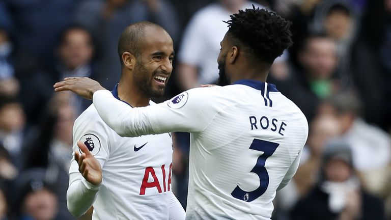 Moura celebrates with Danny Rose after scoring the second of his three goals