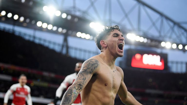 Lucas Torreira celebrates during the 4-2 win over Tottenham in December