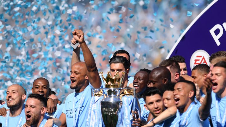 Manchester City celebrate winning the 2017-18 Premier League title