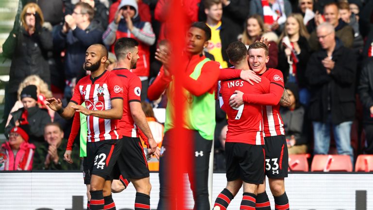 Targett celebrates with team-mate Danny Ings after heading Saints ahead