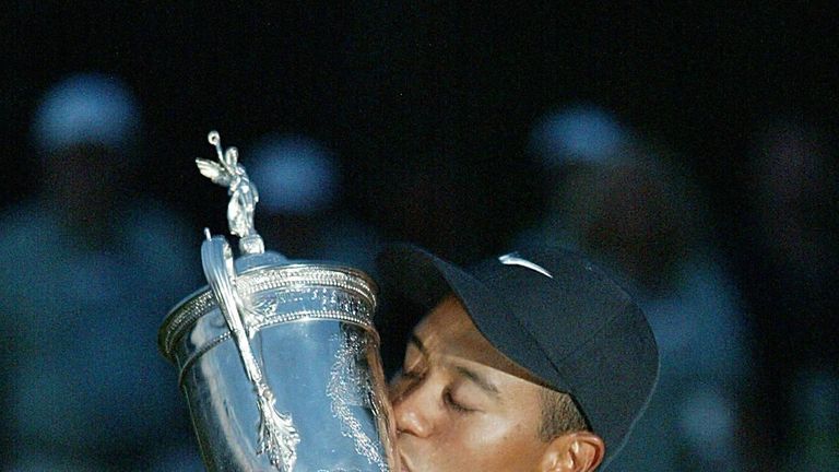 Tiger Woods celebrates his US Open win at Bethpage in 2002