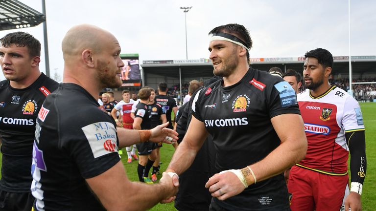 Don Armand (right) was one of six Exeter try scorers in the win