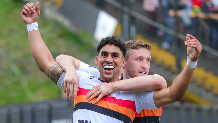 Bradford's Dalton Grant celebrates his try with Ethan Ryan on Saturday