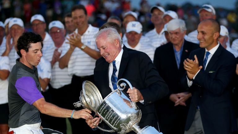 Relive how Rory McIlroy had to react quickly to catch the Wanamaker Trophy lid after winning the 2014 PGA Championship