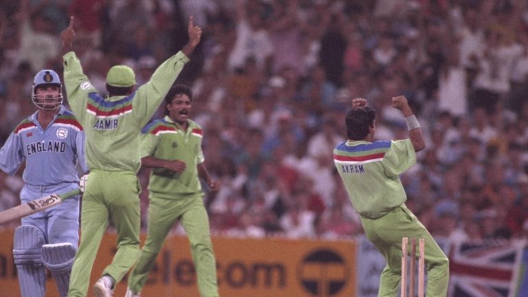Wasim Akram celebrates as he takes two wickets in an over to send Pakistan on their way to victory over England