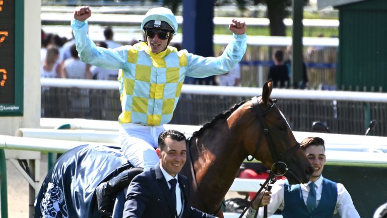 Jockey Pierre-Charles Boudot on Channel after winning the 170th Prix de Diane