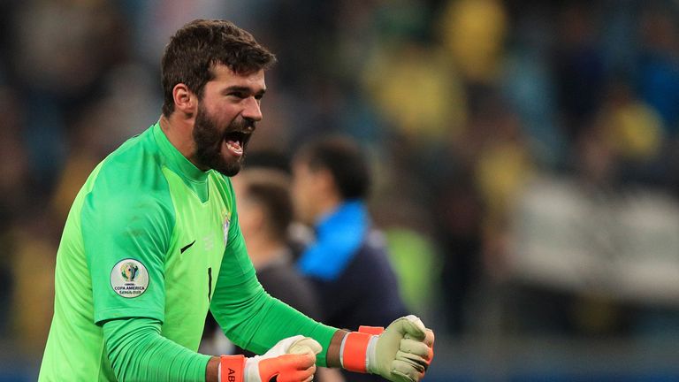 Brazil No 1 Alisson celebrates his decisive penalty save against Paraguay