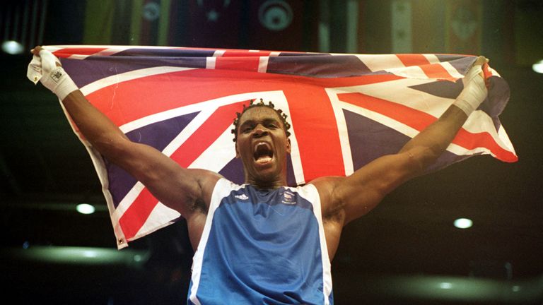 Audley Harrison celebrates after winning gold at the Sydney Olympics in 2000