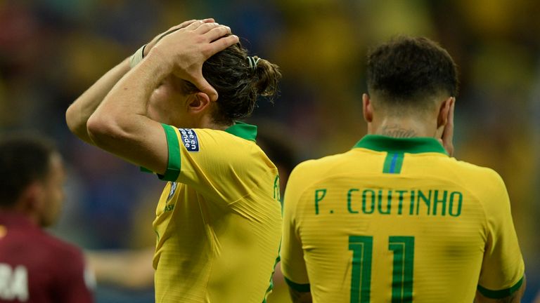 Brazil's players show their frustration during their draw with Venezuela