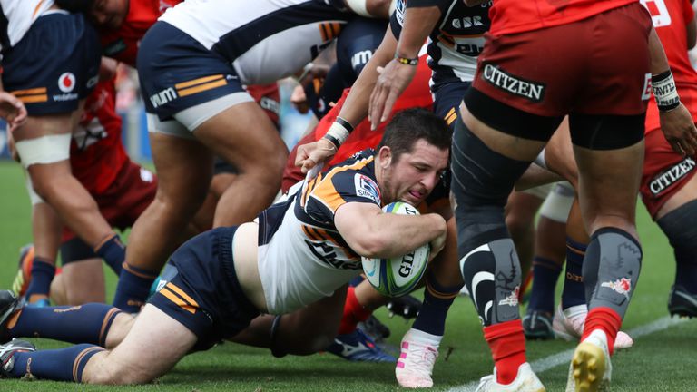 Brumbies hooker Connal McInerney rumbled over for a hat-trick of tries