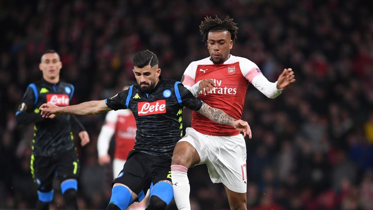 Elseid Hysaj battling with Alex Iwobi during Napoli's UEFA Europa League quarter-final defeat to Arsenal
