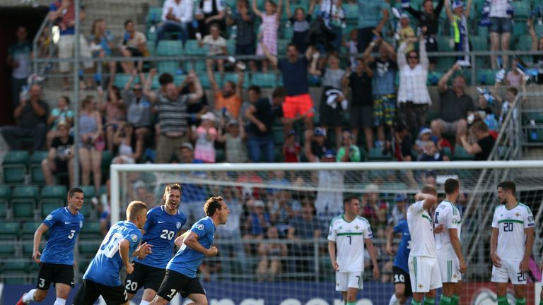 Estonia's Konstantin Vassilijev celebrates scoring his side's first goal of the game