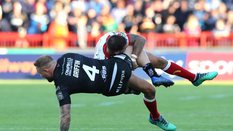 Griffin is tackled by Ben Crooks during the Hull Derby on Thursday